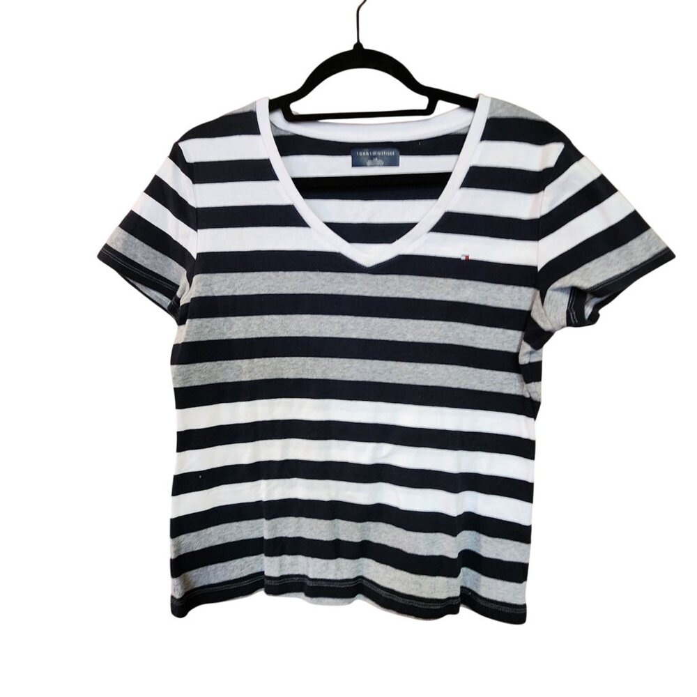 Tommy Hilfiger Black & White Striped V-Neck Short Sleeve Tee L